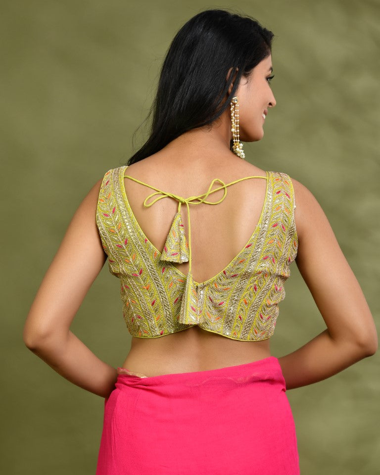 Amodini Designer Studio Lime Green Embroidered Sleeveless Padded Blouse