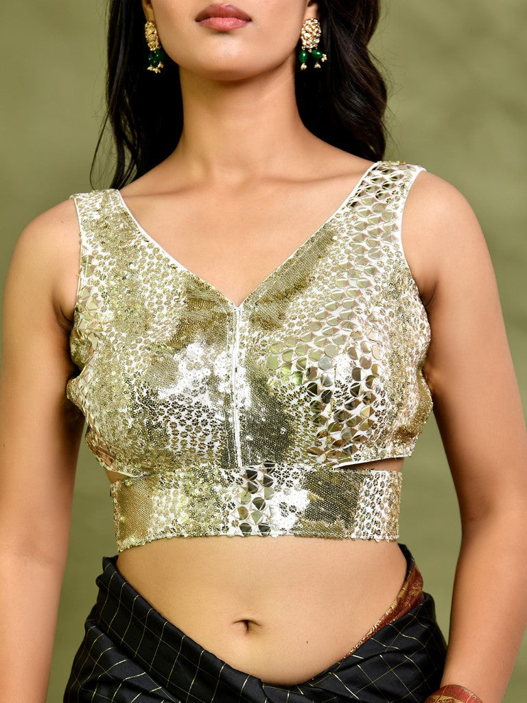 Amodini Designer Studio Gold Mirror-Embellished Sleeveless Padded Blouse