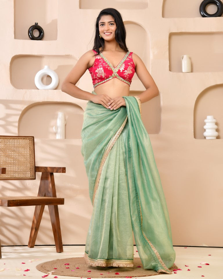 Amodini Designer Studio Pink Banarsi Sleeveless Padded Blouse