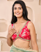 Amodini Designer Studio Pink Banarsi Sleeveless Padded Blouse