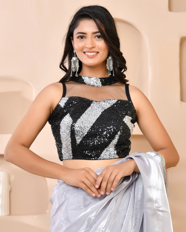 Amodini Designer Studio Silver & Black Cutdana Sequined Band Collar Sleeveless Padded Blouse