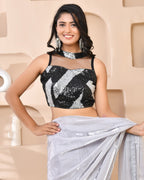 Amodini Designer Studio Silver & Black Cutdana Sequined Band Collar Sleeveless Padded Blouse