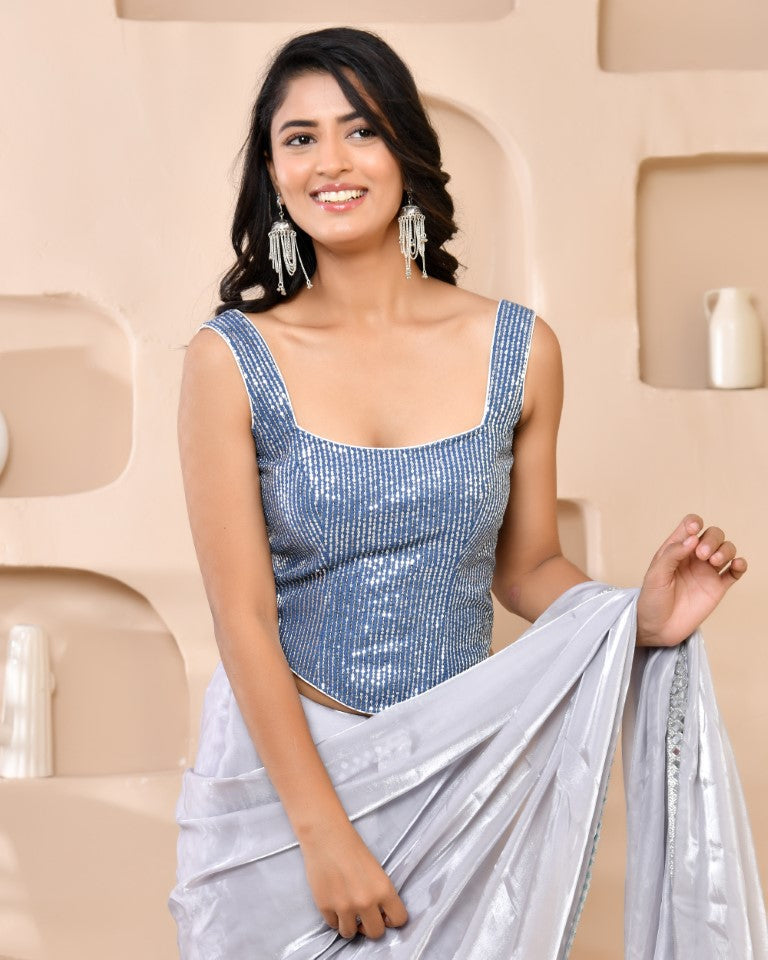 Amodini Designer Studio Sequined Denim Corset Saree Blouse