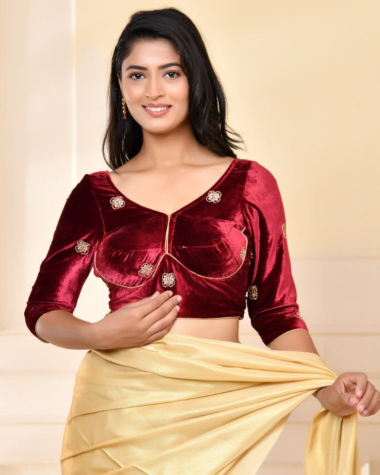 Amodini Designer Studio Marroon Embellished Velvet Blouse