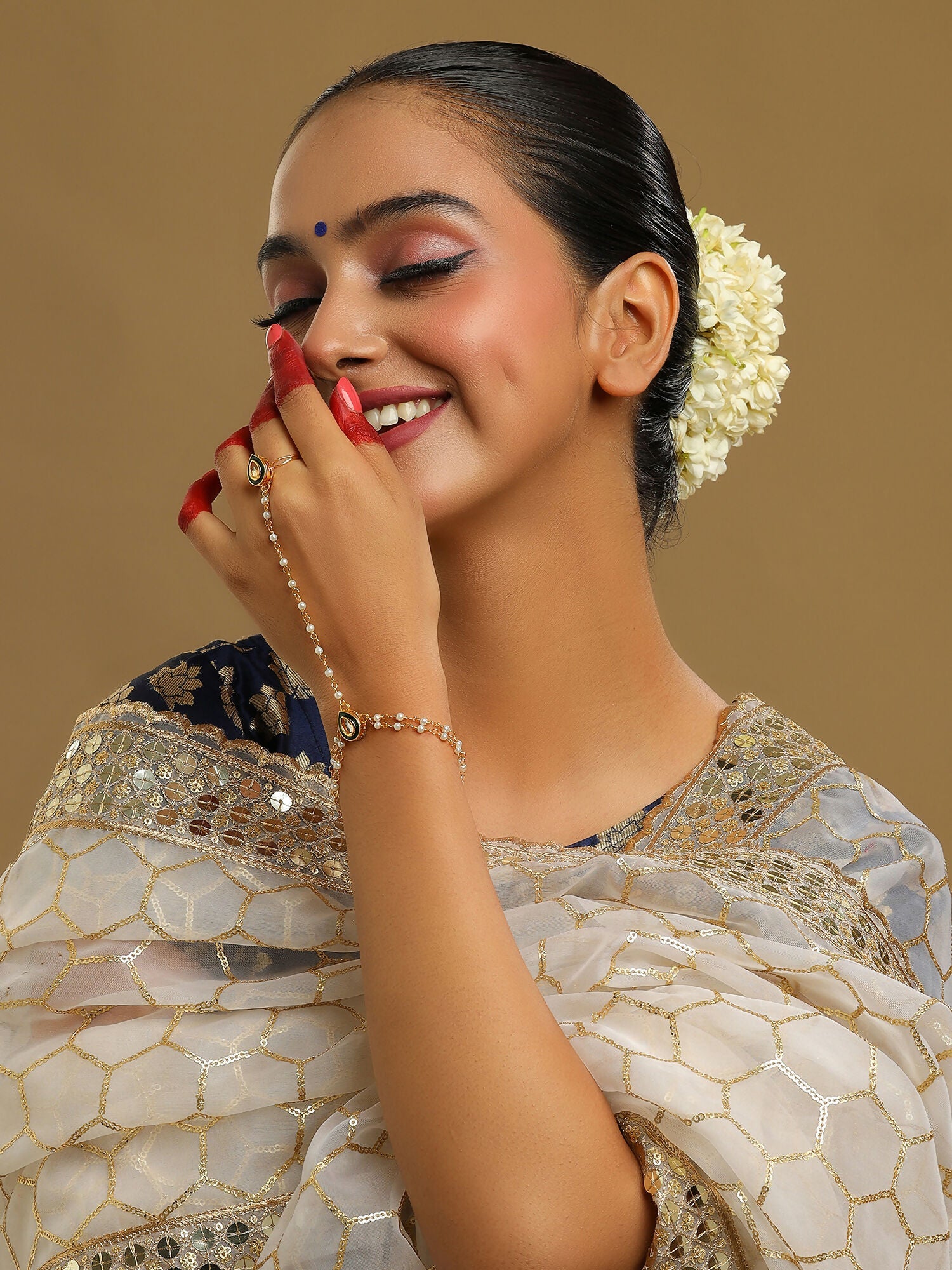 Ruby Raang Gold Green Meenakari Kundan Haath Phool - Distacart
