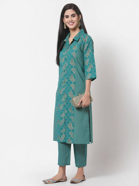 Myshka Women's Green Cotton Printed Half Sleeve Casual Kurta & Pant Set
