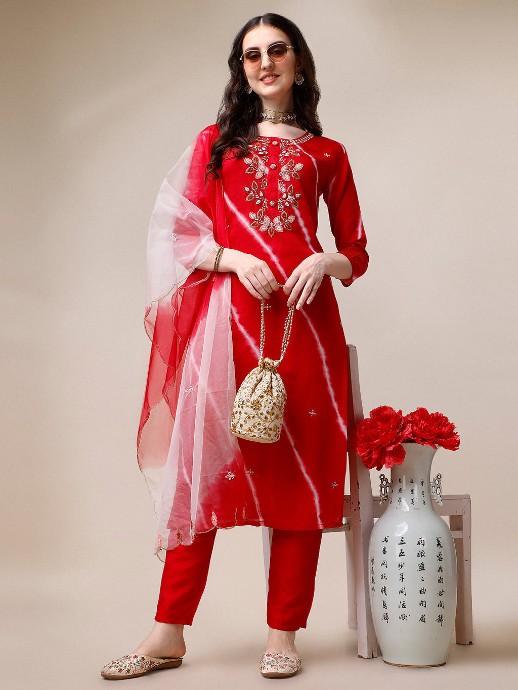Hand Embroidered & Leheriya Printed Kurta With Pant & Dupatta, Multicolor - Hiral Fashion - Distacart