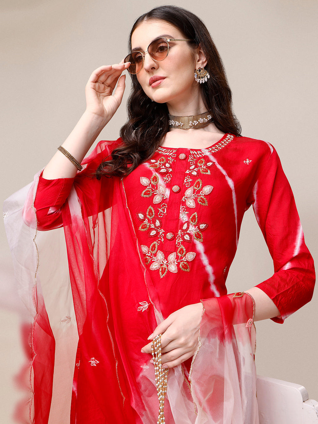 Hand Embroidered & Leheriya Printed Kurta With Pant & Dupatta, Multicolor - Hiral Fashion - Distacart