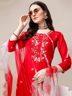 Hand Embroidered & Leheriya Printed Kurta With Pant & Dupatta, Multicolor - Hiral Fashion - Distacart