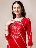 Hand Embroidered & Leheriya Printed Kurta With Pant & Dupatta, Multicolor - Hiral Fashion - Distacart