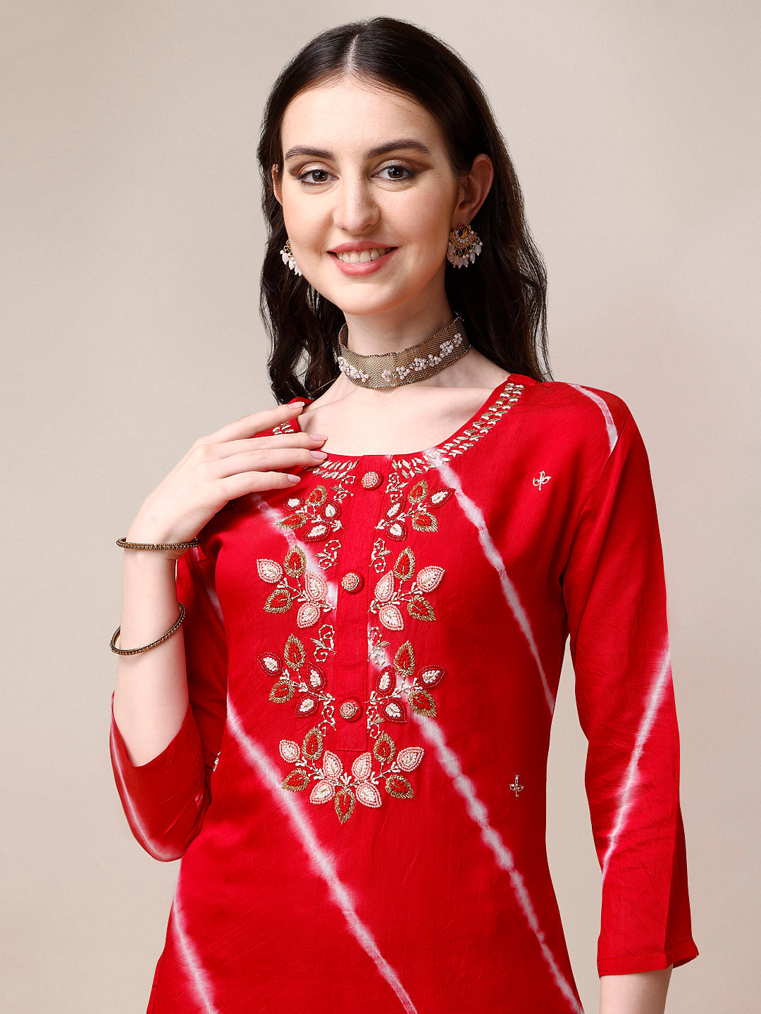Hand Embroidered & Leheriya Printed Kurta With Pant & Dupatta, Multicolor - Hiral Fashion - Distacart