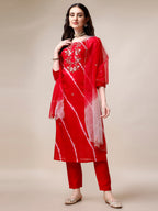 Hand Embroidered & Leheriya Printed Kurta With Pant & Dupatta, Multicolor - Hiral Fashion - Distacart