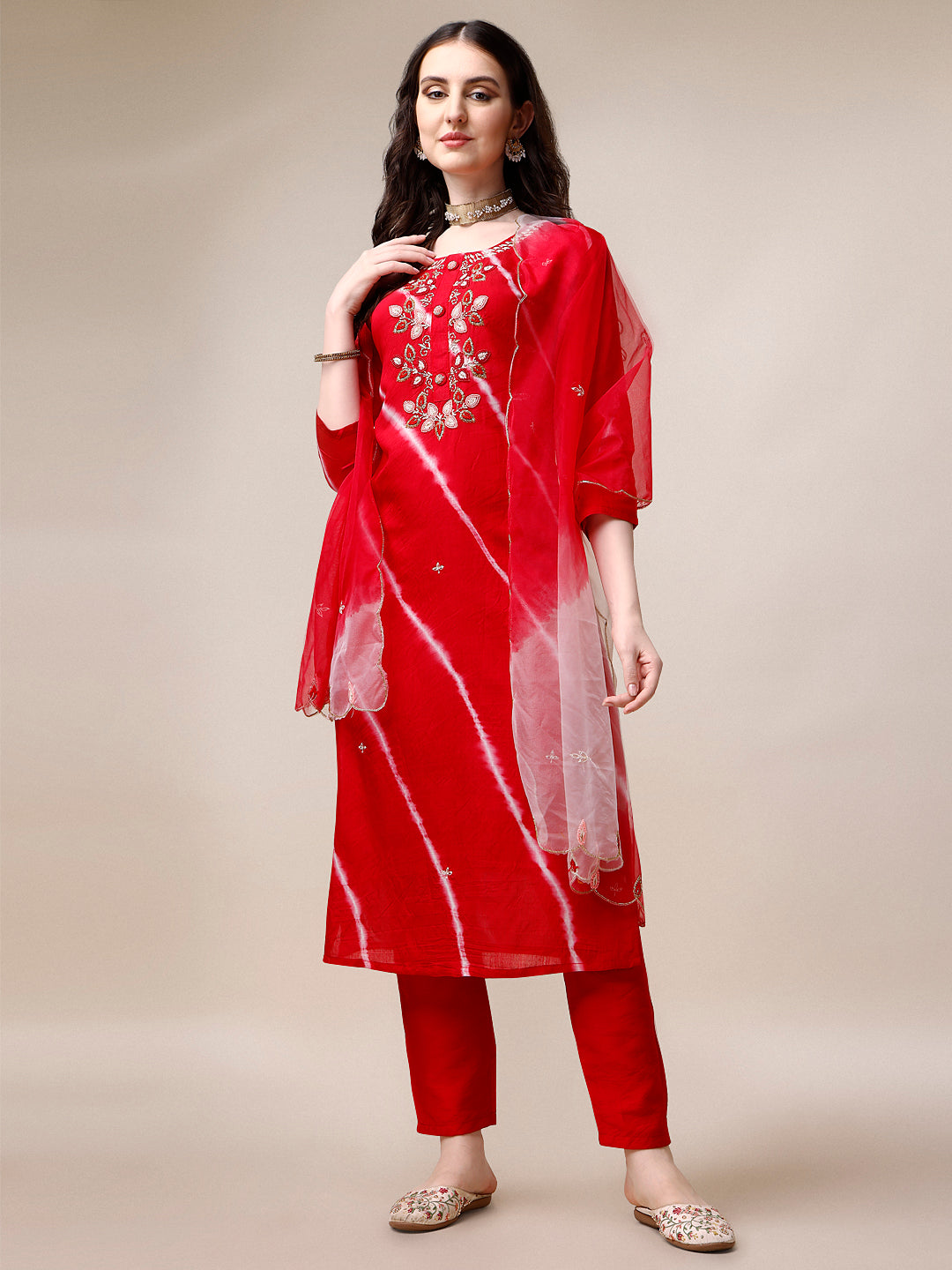 Hand Embroidered & Leheriya Printed Kurta With Pant & Dupatta, Multicolor - Hiral Fashion - Distacart