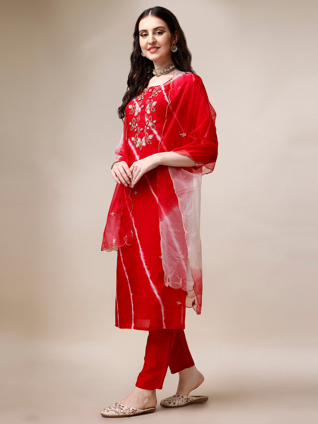 Hand Embroidered & Leheriya Printed Kurta With Pant & Dupatta, Multicolor - Hiral Fashion - Distacart