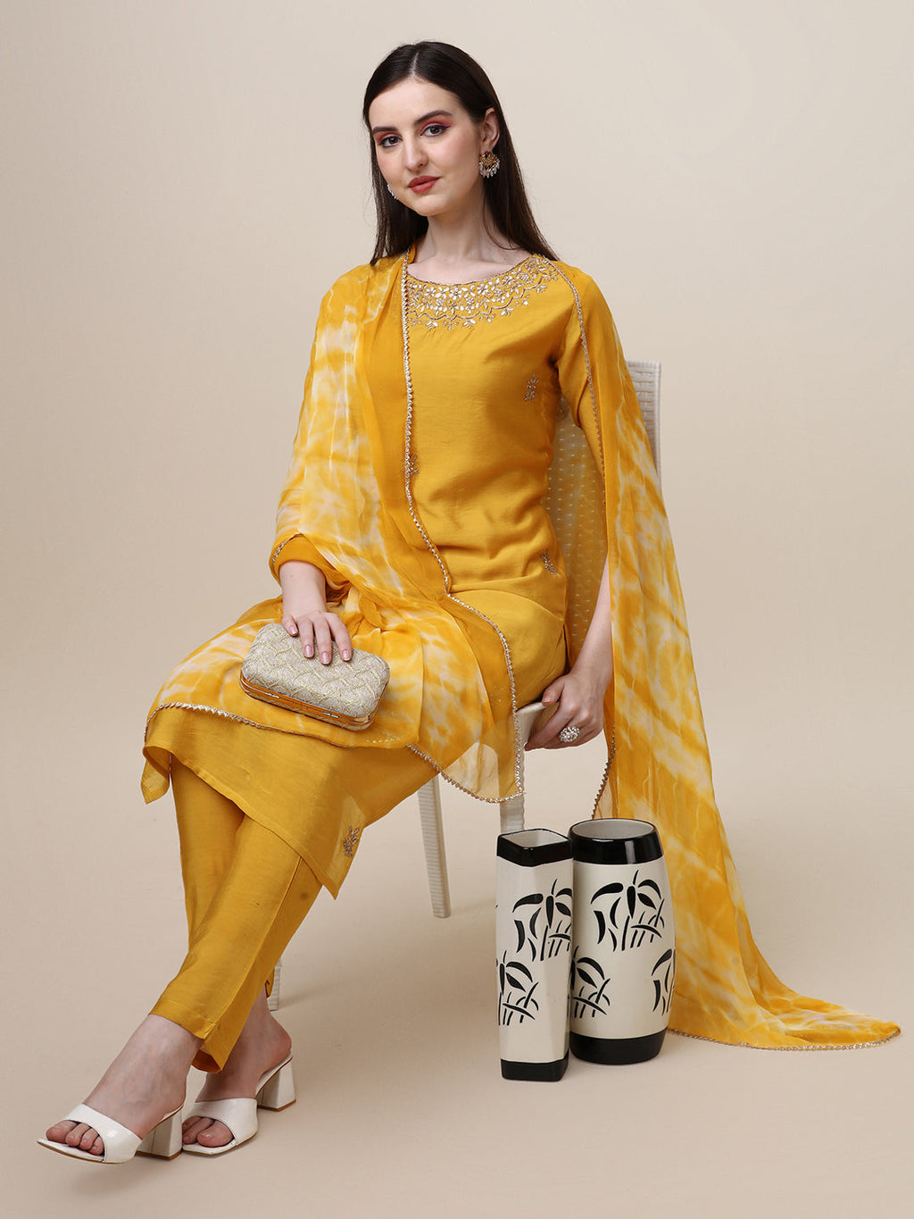 Thread Embroidered Kurta With Pant And Dupatta Set, Multicolor - Hiral Fashion