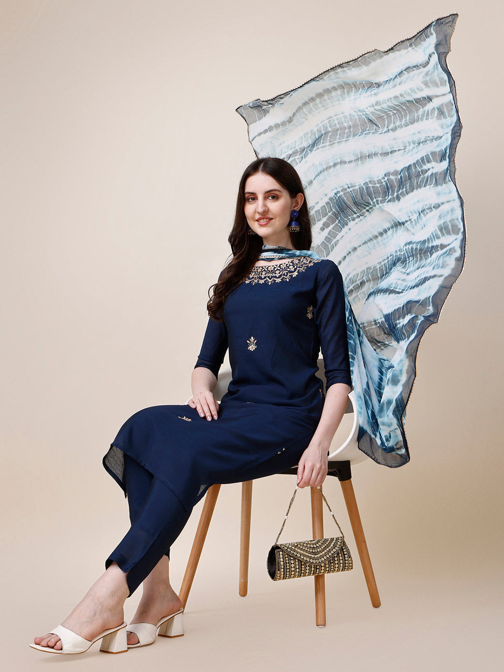 Hand Embroidered Kurta With Pant And Dupatta Set, Multicolor - Hiral Fashion