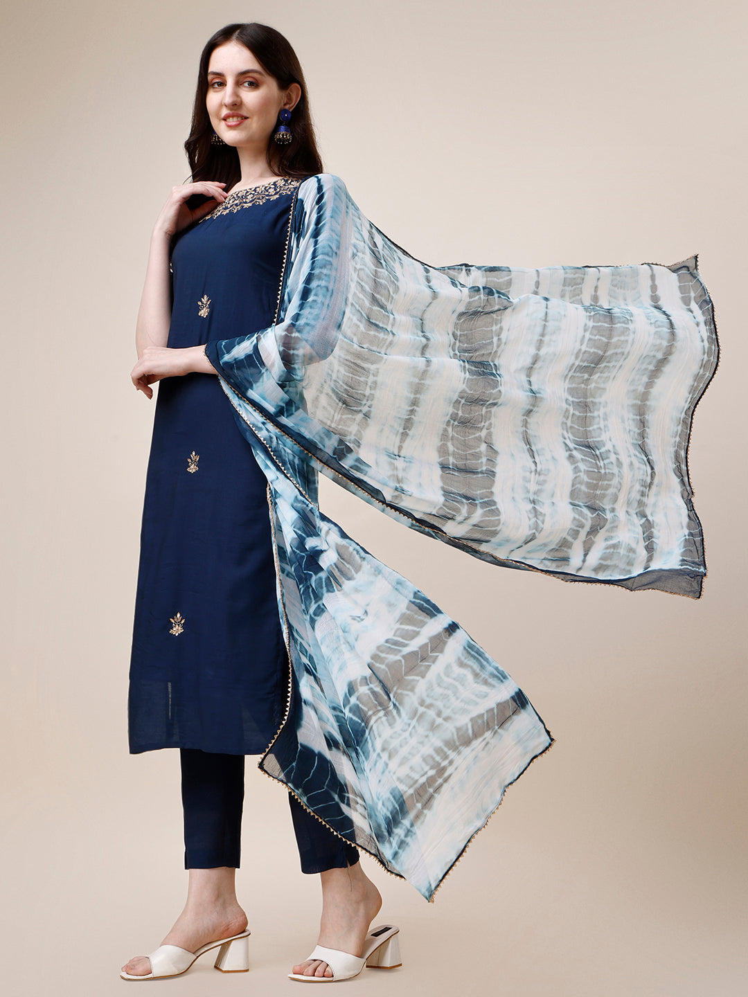 Hand Embroidered Kurta With Pant And Dupatta Set, Multicolor - Hiral Fashion