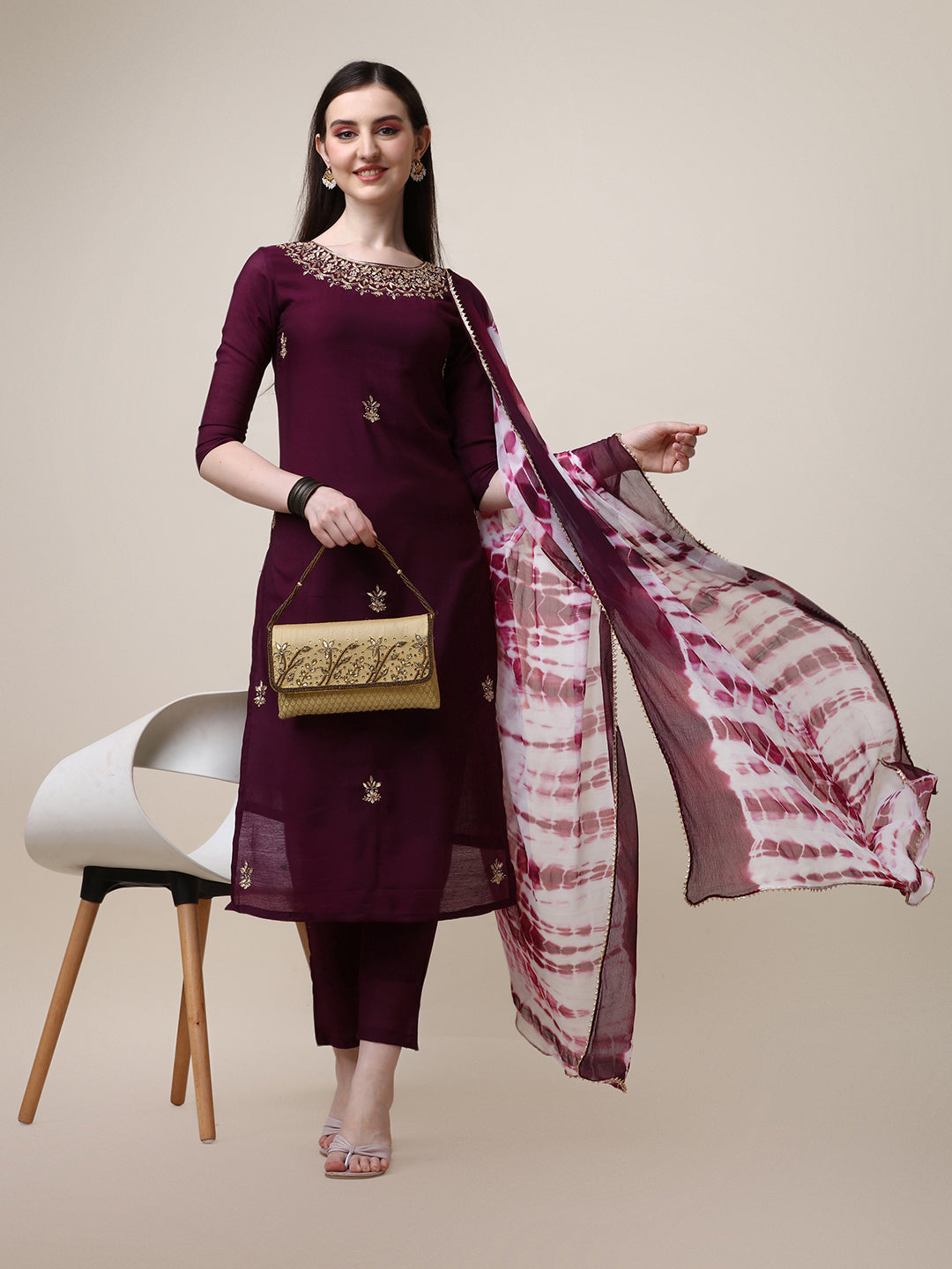 Hand Embroidered Kurta With Pant And Dupatta Set, Multicolor - Hiral Fashion - Distacart