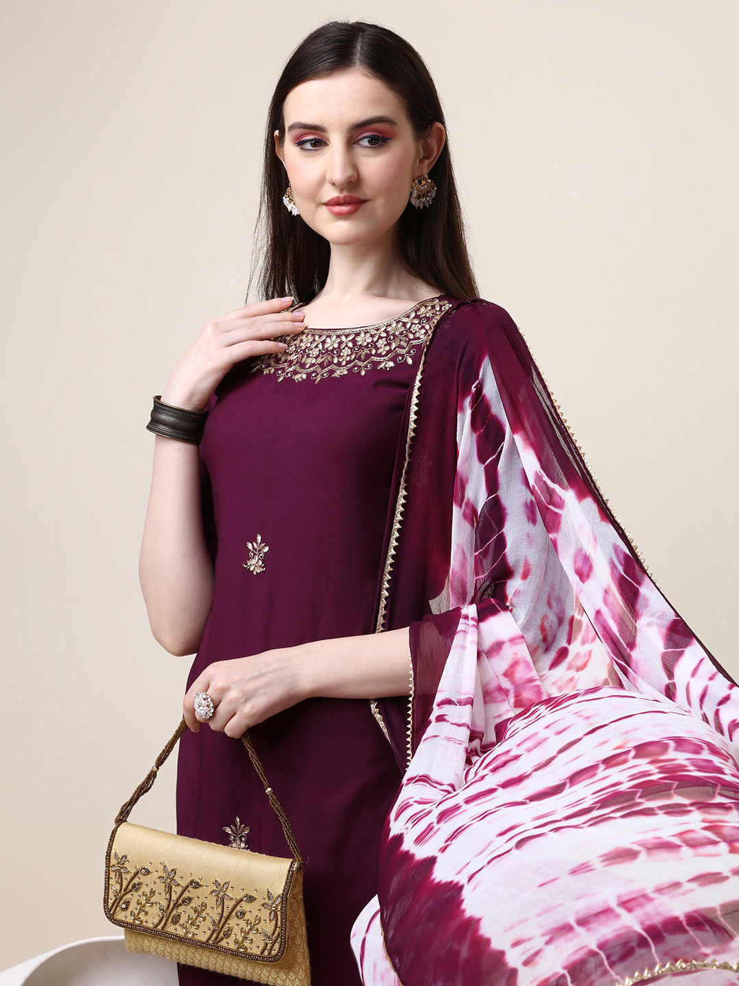 Hand Embroidered Kurta With Pant And Dupatta Set, Multicolor - Hiral Fashion - Distacart