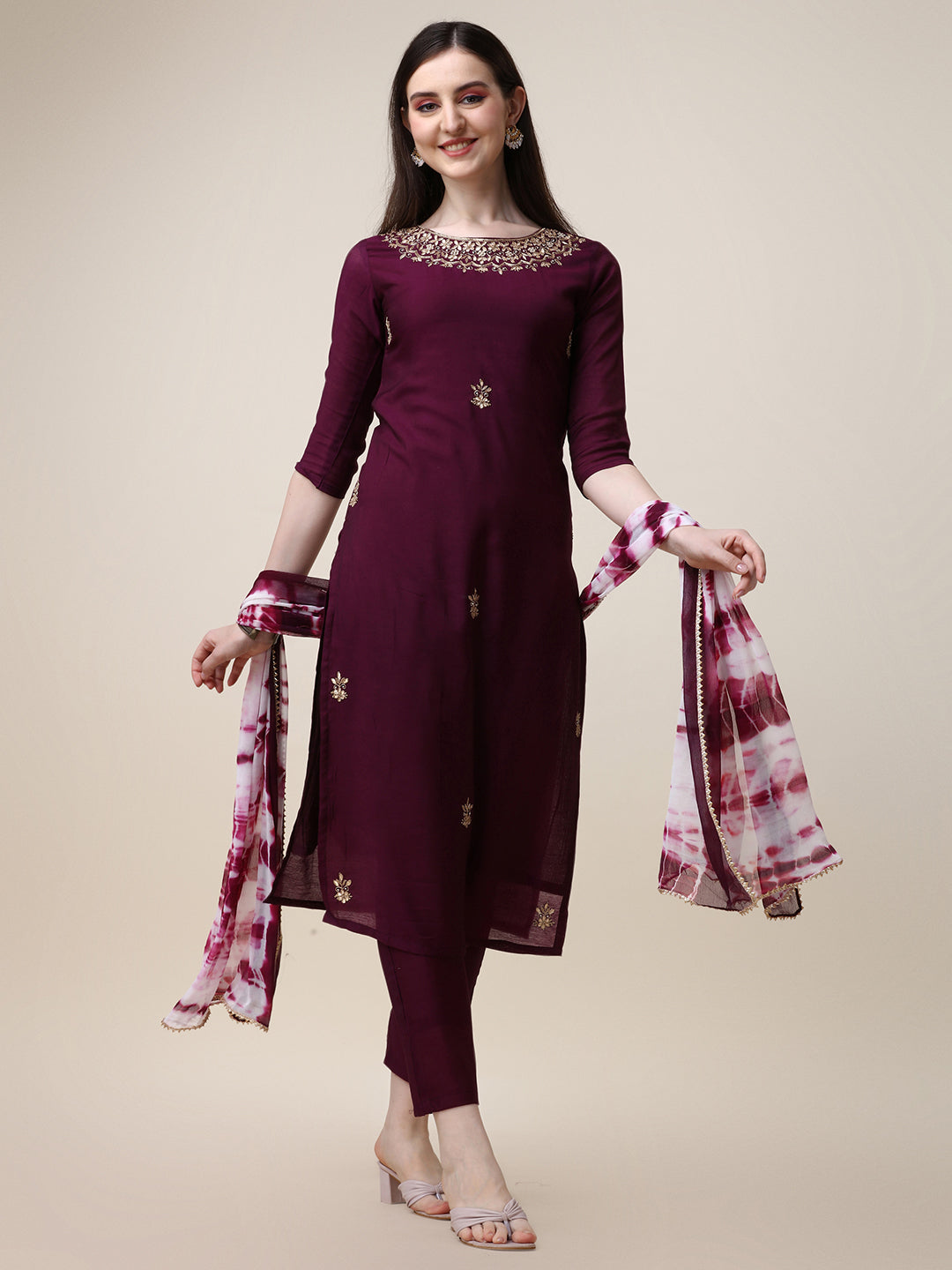 Hand Embroidered Kurta With Pant And Dupatta Set, Multicolor - Hiral Fashion - Distacart