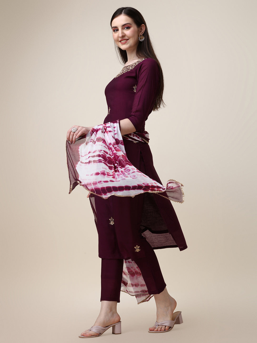 Hand Embroidered Kurta With Pant And Dupatta Set, Multicolor - Hiral Fashion - Distacart