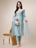 Hand Embroidered Kurta With Pant And Dupatta Set, Multicolor - Hiral Fashion - Distacart