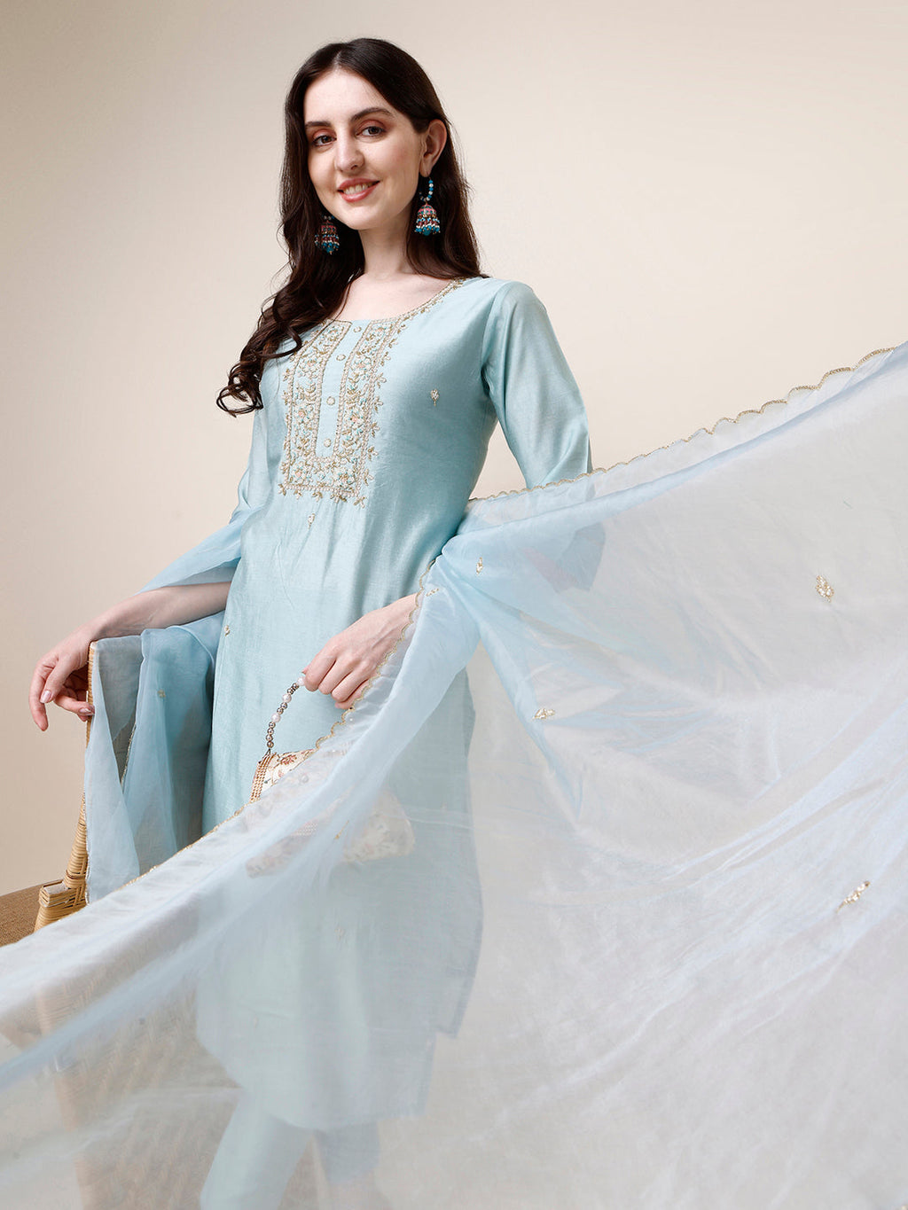 Hand Embroidered Kurta With Pant And Dupatta Set, Multicolor - Hiral Fashion - Distacart