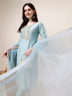 Hand Embroidered Kurta With Pant And Dupatta Set, Multicolor - Hiral Fashion - Distacart