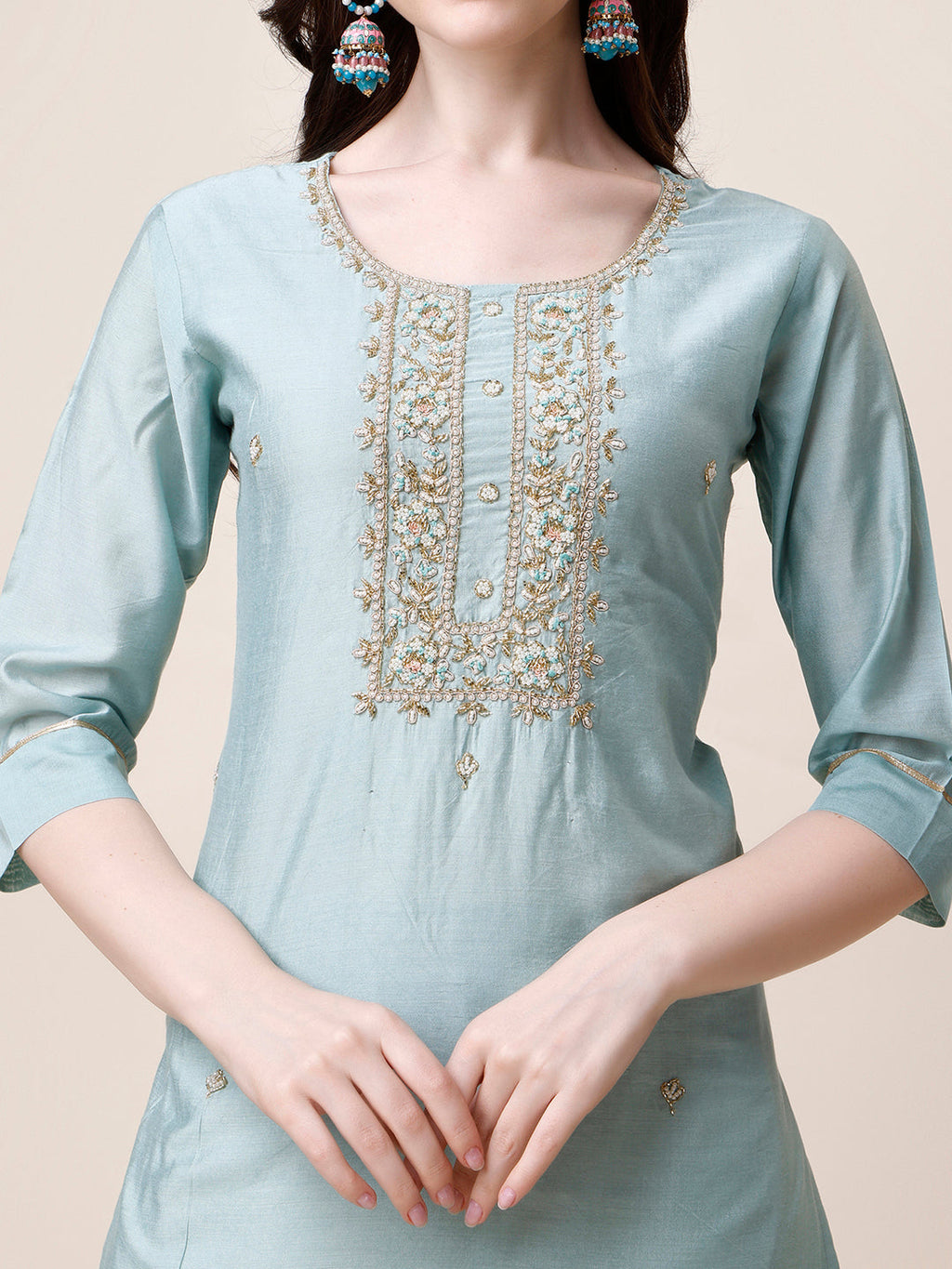 Hand Embroidered Kurta With Pant And Dupatta Set, Multicolor - Hiral Fashion - Distacart