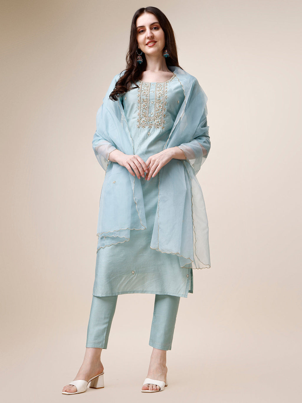 Hand Embroidered Kurta With Pant And Dupatta Set, Multicolor - Hiral Fashion - Distacart