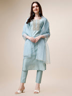 Hand Embroidered Kurta With Pant And Dupatta Set, Multicolor - Hiral Fashion - Distacart