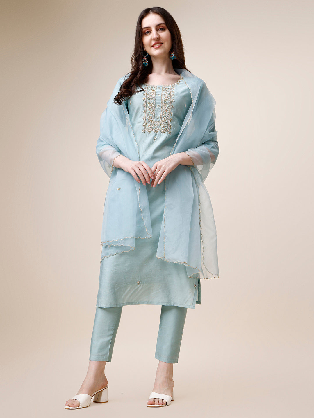 Hand Embroidered Kurta With Pant And Dupatta Set, Multicolor - Hiral Fashion - Distacart