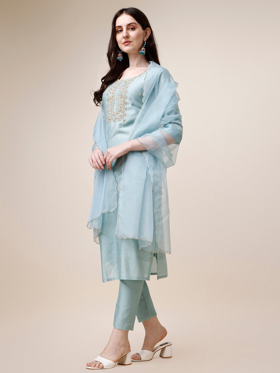 Hand Embroidered Kurta With Pant And Dupatta Set, Multicolor - Hiral Fashion - Distacart