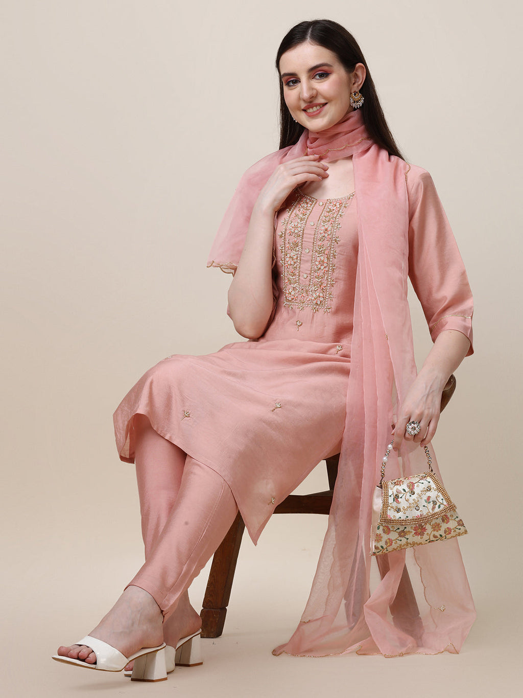 Hand Embroidered Kurta With Pant And Dupatta Set, Multicolor - Hiral Fashion - Distacart