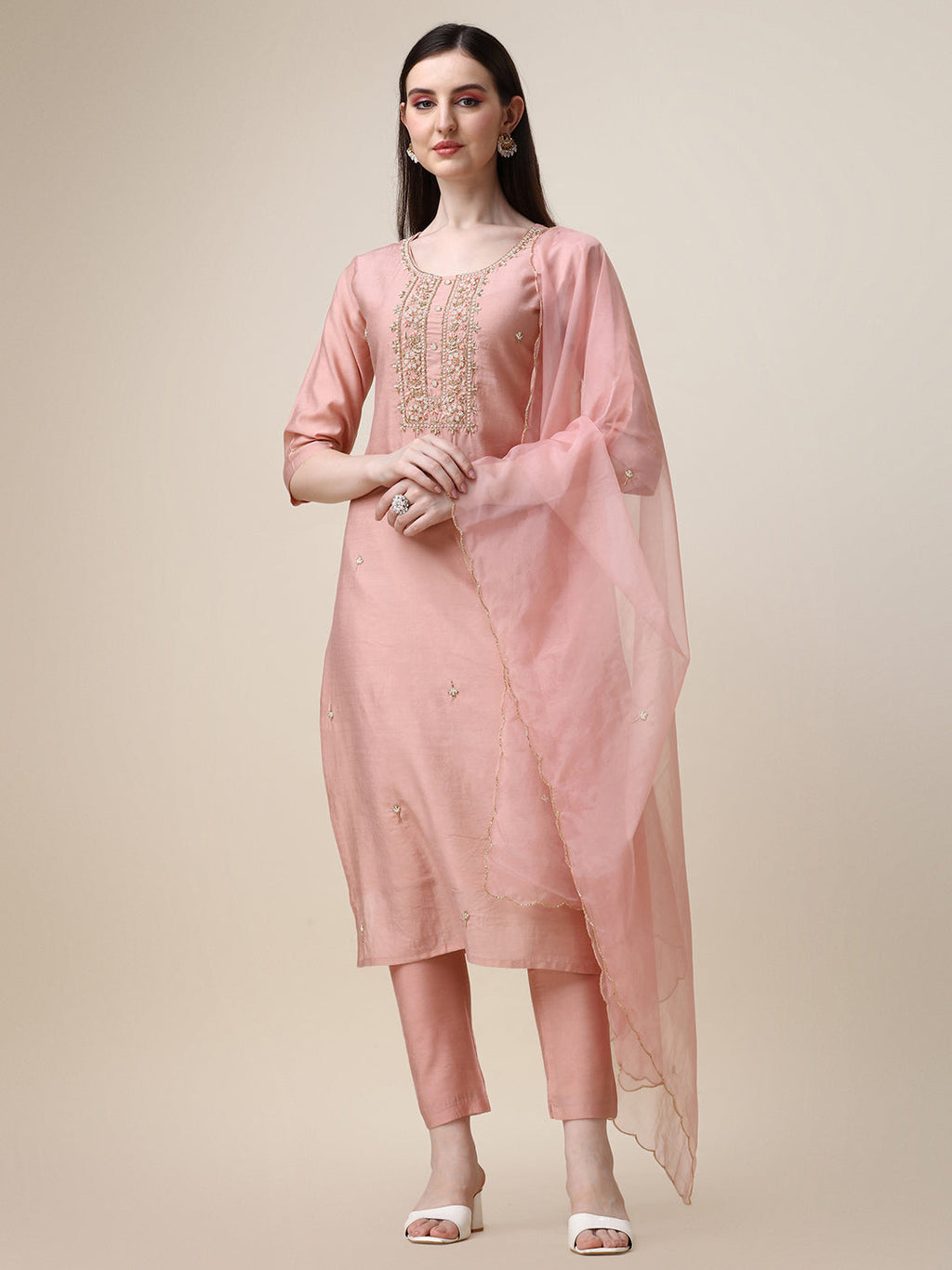 Hand Embroidered Kurta With Pant And Dupatta Set, Multicolor - Hiral Fashion - Distacart