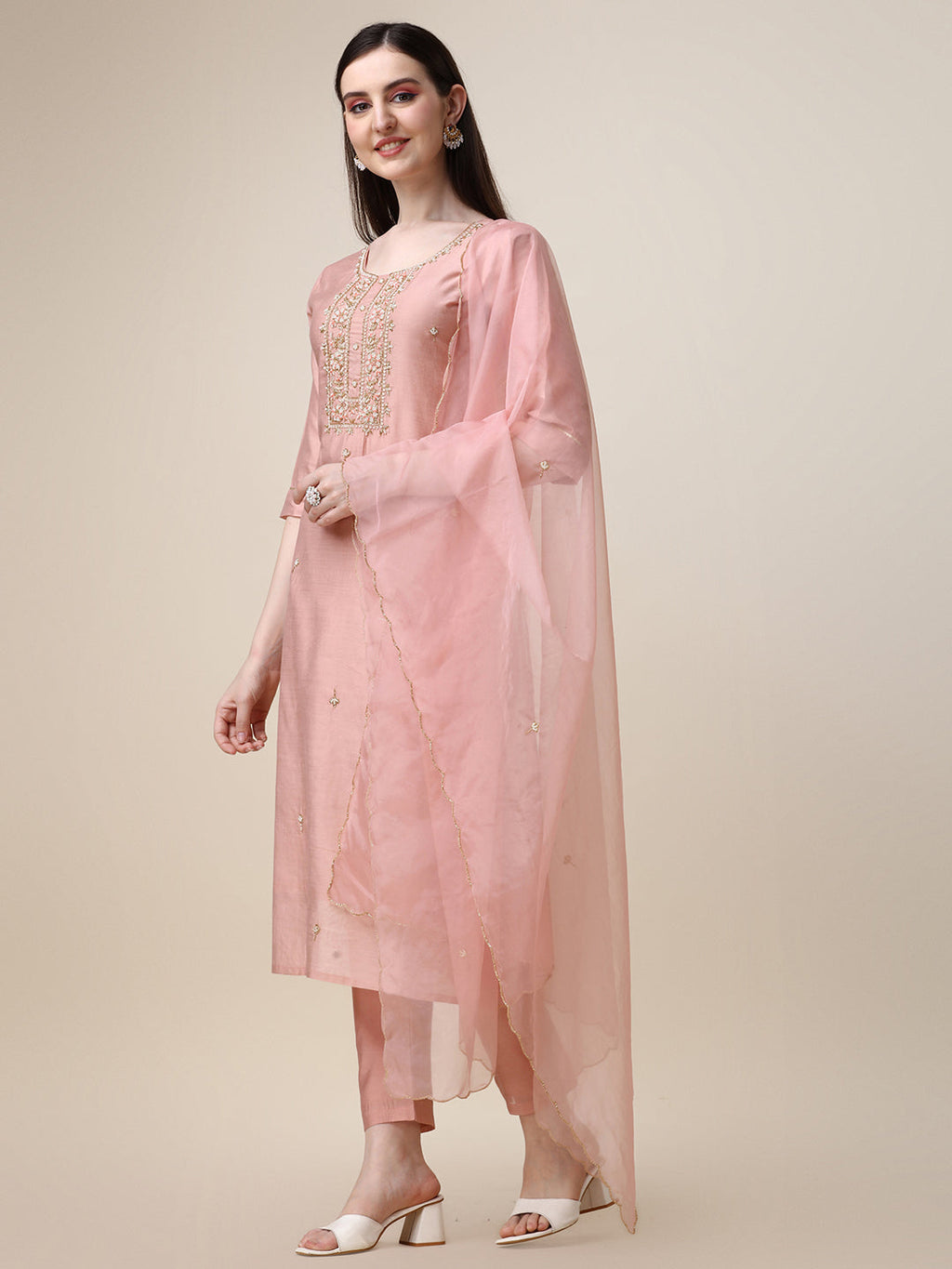 Hand Embroidered Kurta With Pant And Dupatta Set, Multicolor - Hiral Fashion - Distacart