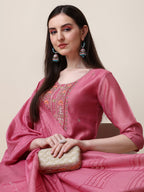 Embroidered Pink Kurta With Pant And Dupatta Set, Multicolor - Hiral Fashion - Distacart