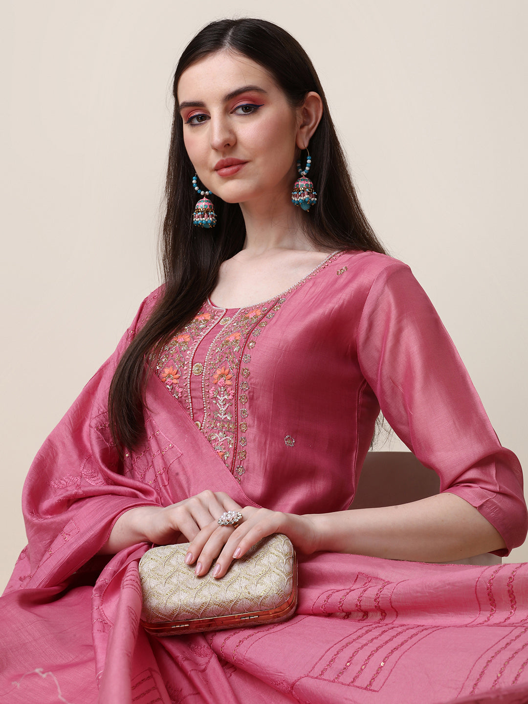 Embroidered Pink Kurta With Pant And Dupatta Set, Multicolor - Hiral Fashion - Distacart