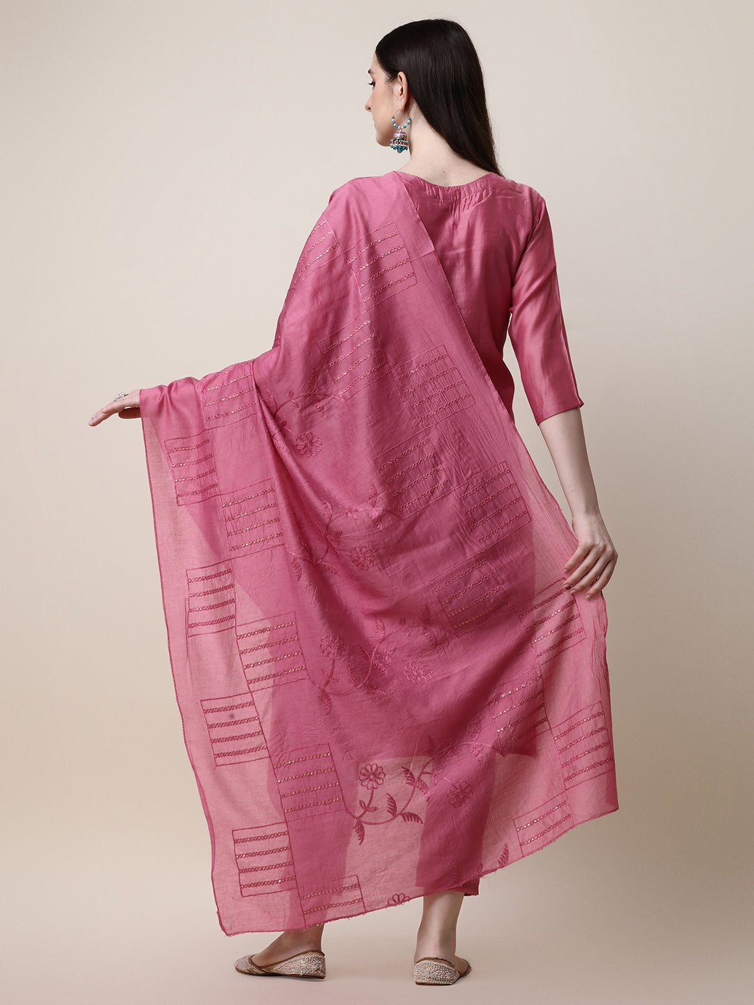 Embroidered Pink Kurta With Pant And Dupatta Set, Multicolor - Hiral Fashion - Distacart
