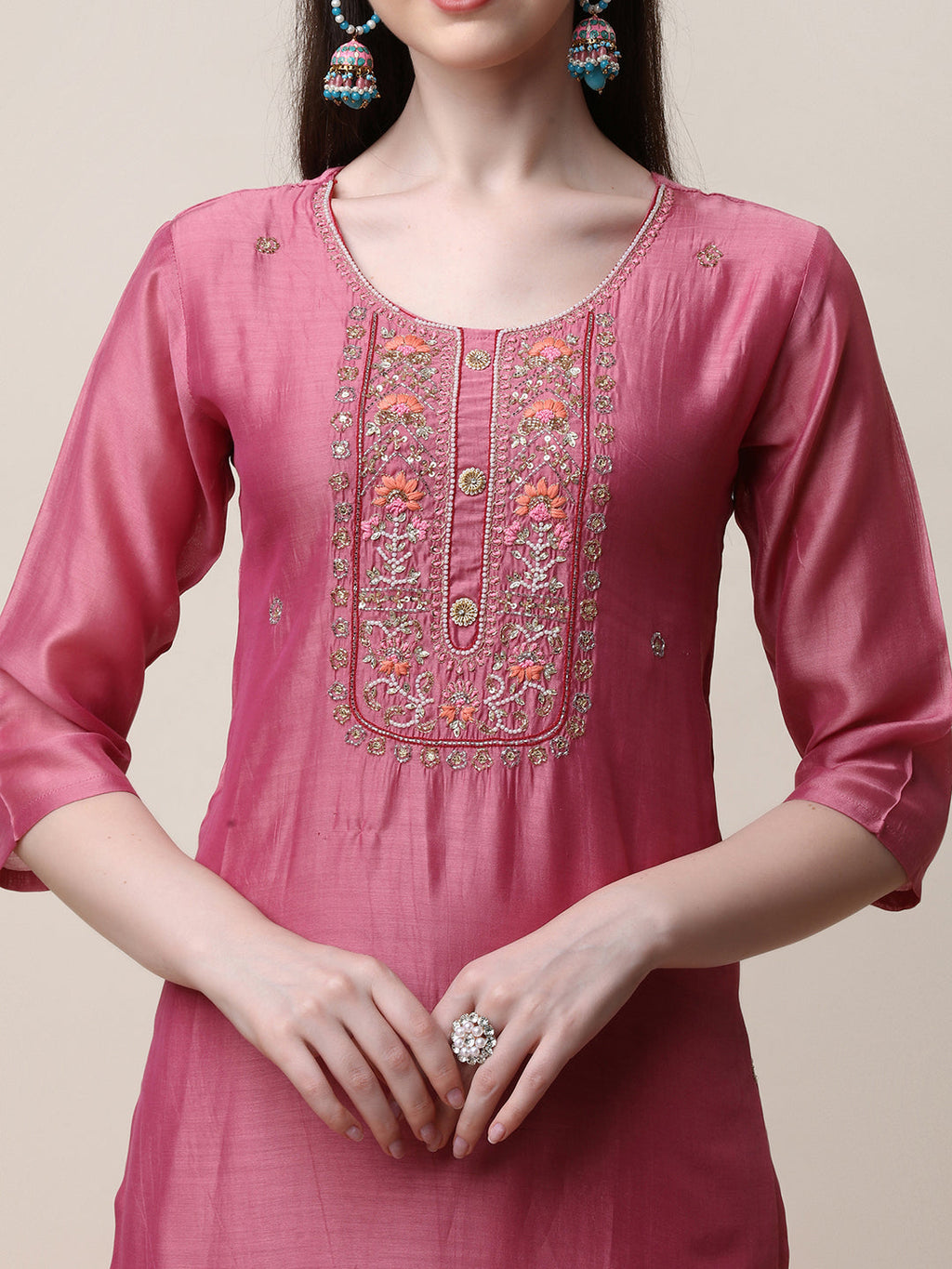 Embroidered Pink Kurta With Pant And Dupatta Set, Multicolor - Hiral Fashion - Distacart