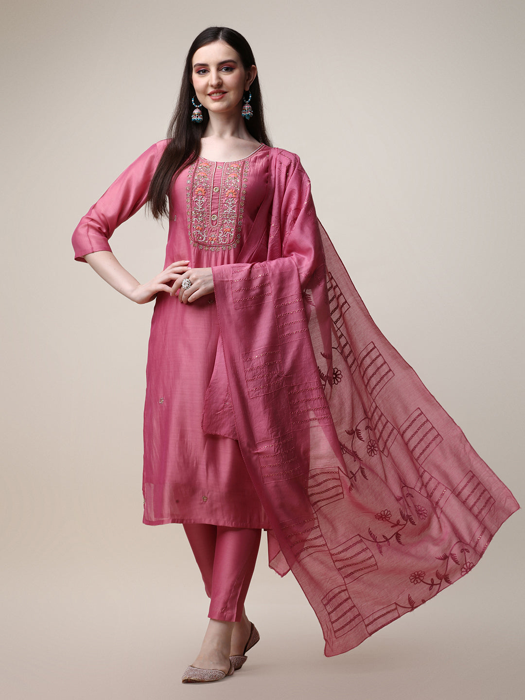 Embroidered Pink Kurta With Pant And Dupatta Set, Multicolor - Hiral Fashion - Distacart