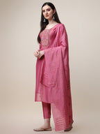 Embroidered Pink Kurta With Pant And Dupatta Set, Multicolor - Hiral Fashion - Distacart