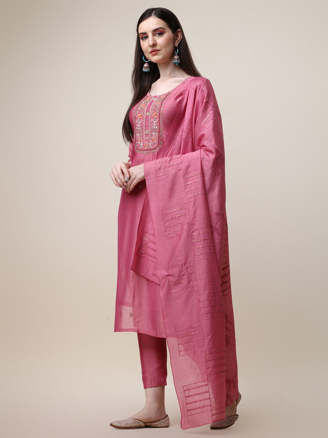 Embroidered Pink Kurta With Pant And Dupatta Set, Multicolor - Hiral Fashion - Distacart
