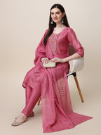 Embroidered Pink Kurta With Pant And Dupatta Set, Multicolor - Hiral Fashion - Distacart