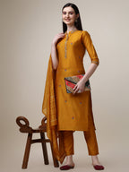 Embroidered Mandarin Collar Kurta With Pant And Dupatta Set, Multicolor - Hiral Fashion - Distacart