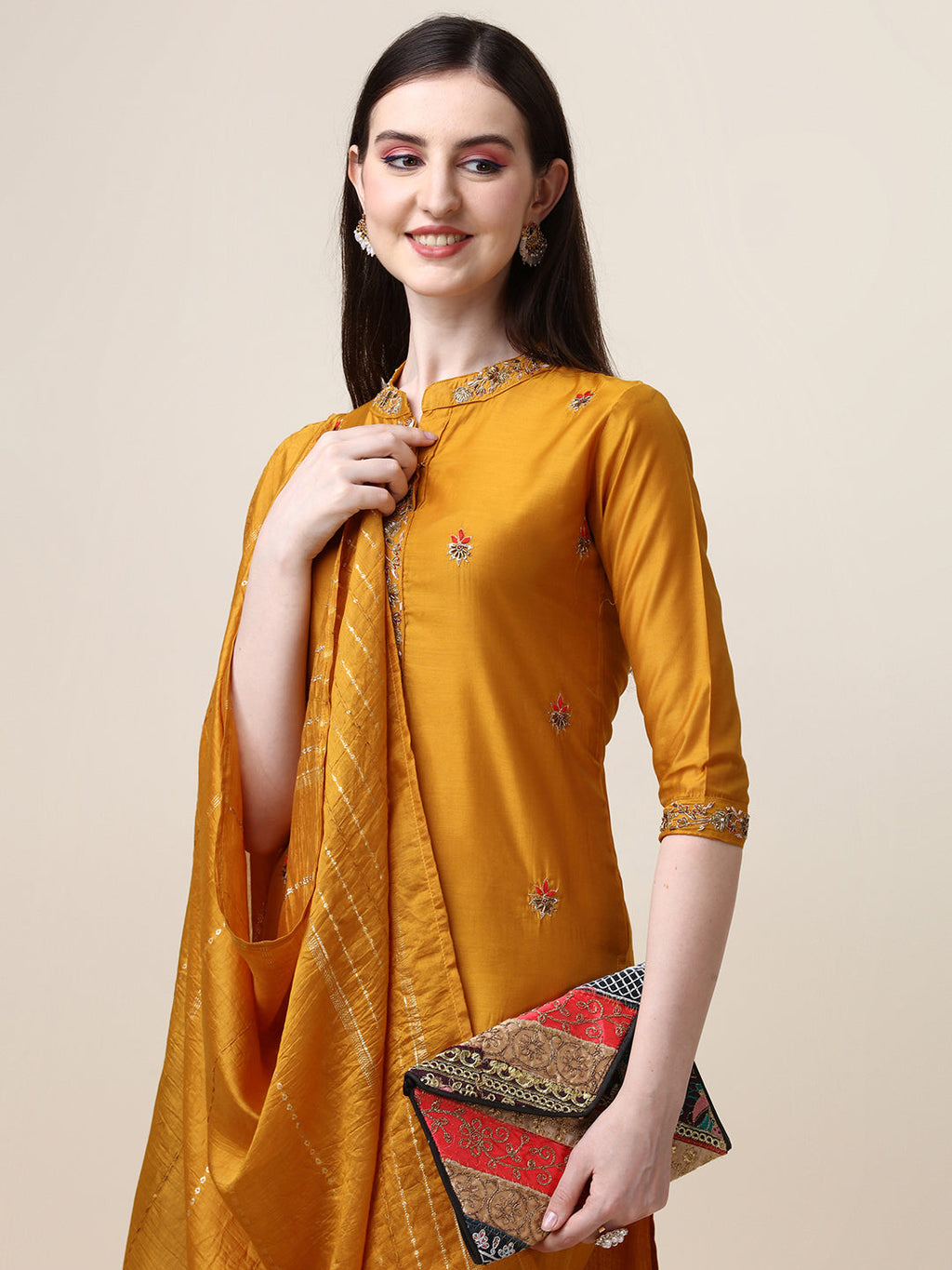 Embroidered Mandarin Collar Kurta With Pant And Dupatta Set, Multicolor - Hiral Fashion - Distacart
