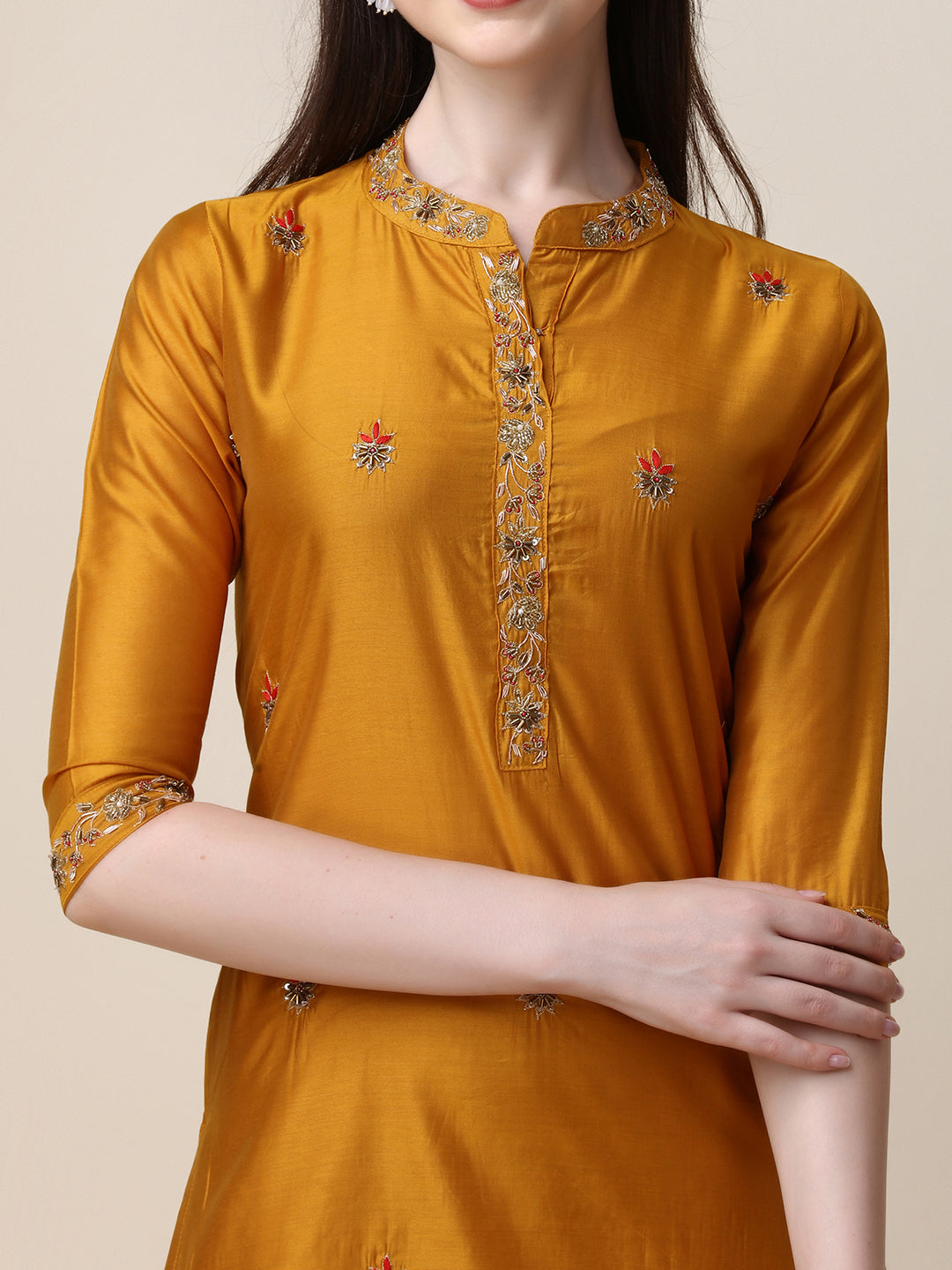Embroidered Mandarin Collar Kurta With Pant And Dupatta Set, Multicolor - Hiral Fashion - Distacart