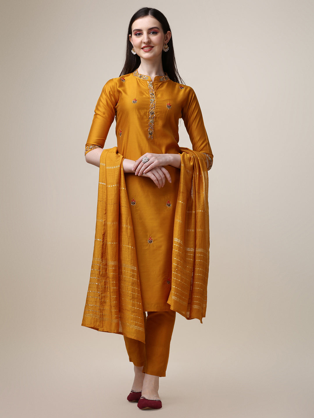 Embroidered Mandarin Collar Kurta With Pant And Dupatta Set, Multicolor - Hiral Fashion - Distacart