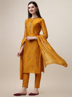 Embroidered Mandarin Collar Kurta With Pant And Dupatta Set, Multicolor - Hiral Fashion - Distacart