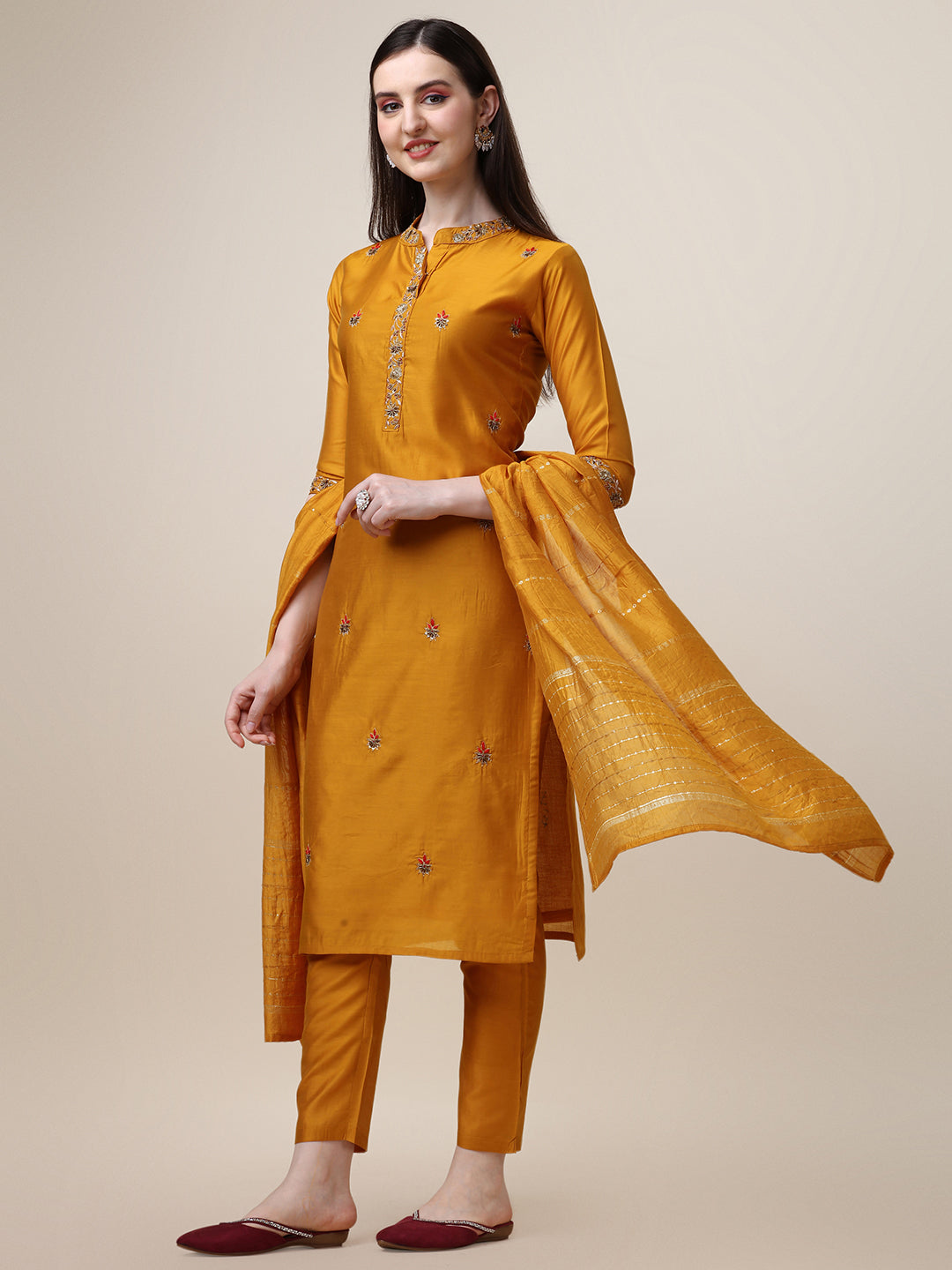 Embroidered Mandarin Collar Kurta With Pant And Dupatta Set, Multicolor - Hiral Fashion - Distacart